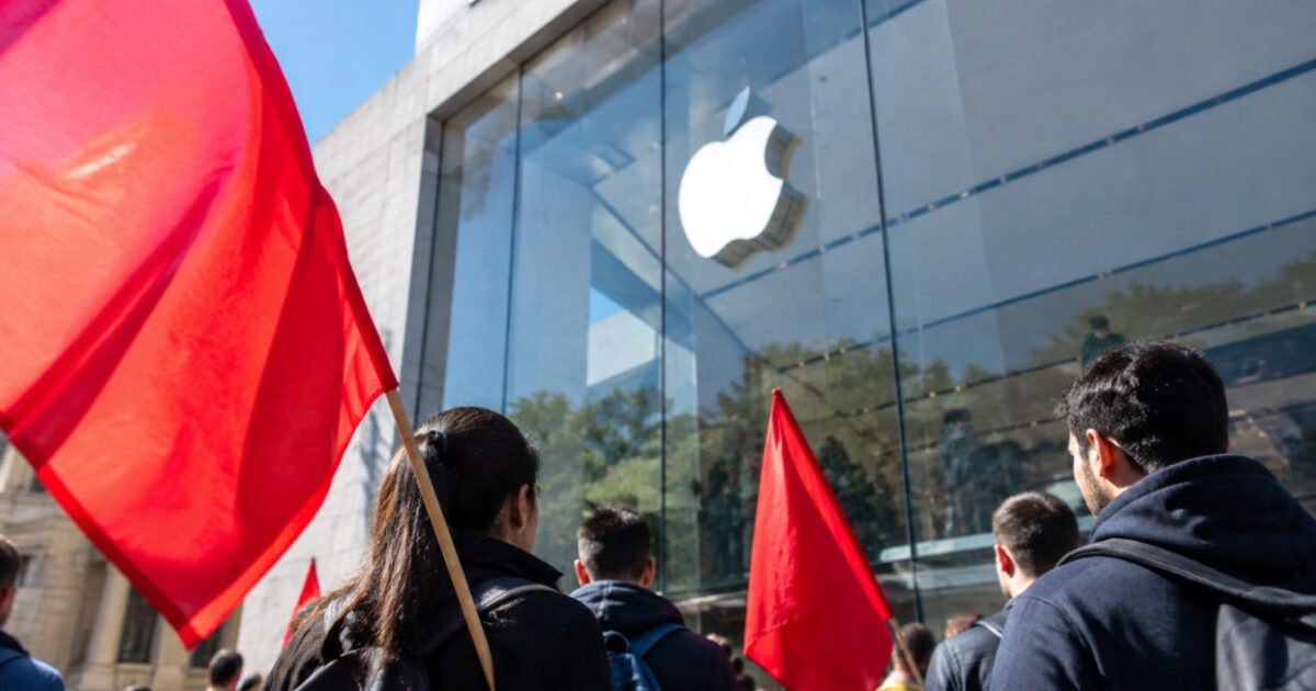 Dipendenti in sciopero davanti a un negozio durante una giornata di protesta legata allo sciopero apple store italia