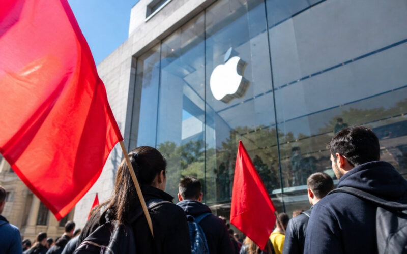 Dipendenti in sciopero davanti a un negozio durante una giornata di protesta legata allo sciopero apple store italia