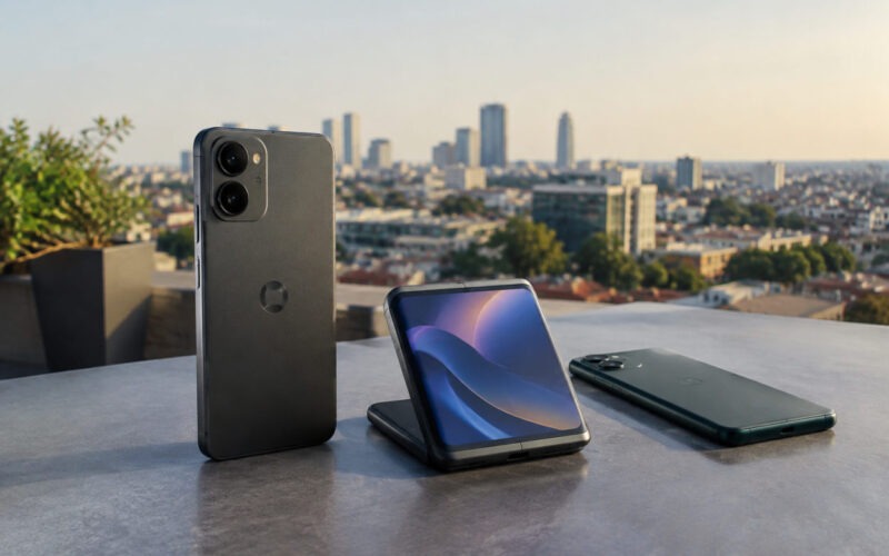 Motorola Razr ed Edge affiancati con schermata del Motorola Android 17 aggiornamento