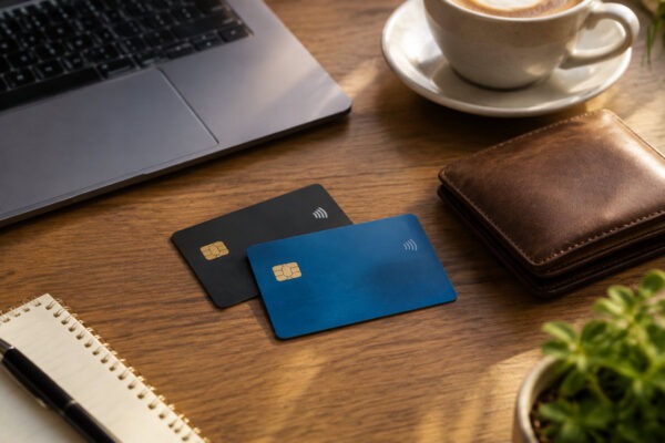 Mani che confrontano carta di debito o carta di credito accanto a un portafoglio