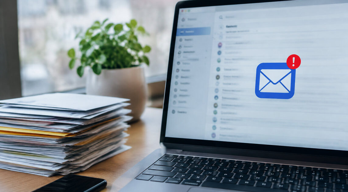 Schermo di computer con avviso di casella email piena e messaggi da eliminare