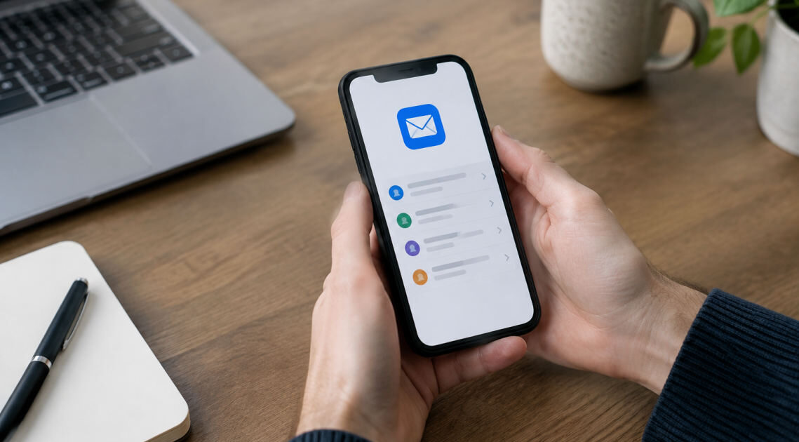 Mani che mostrano come configurare email su smartphone iPhone e Android affiancati