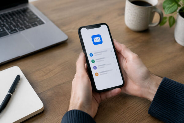 Mani che mostrano come configurare email su smartphone iPhone e Android affiancati