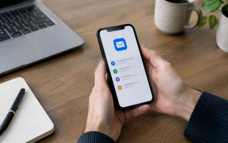 Mani che mostrano come configurare email su smartphone iPhone e Android affiancati