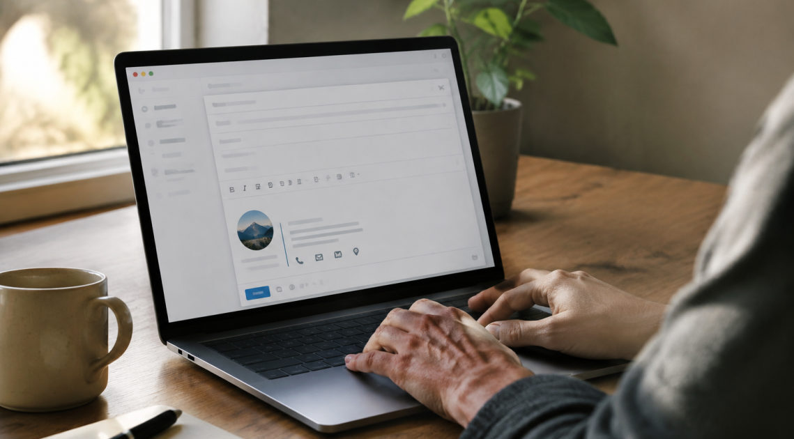 Schermata di un client di posta con firma email con logo aziendale e contatti