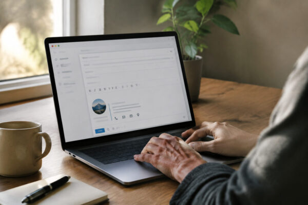 Schermata di un client di posta con firma email con logo aziendale e contatti