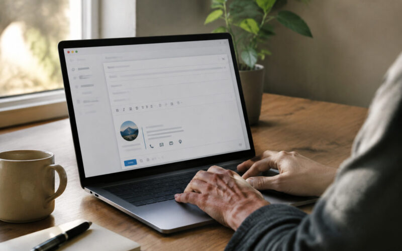 Schermata di un client di posta con firma email con logo aziendale e contatti