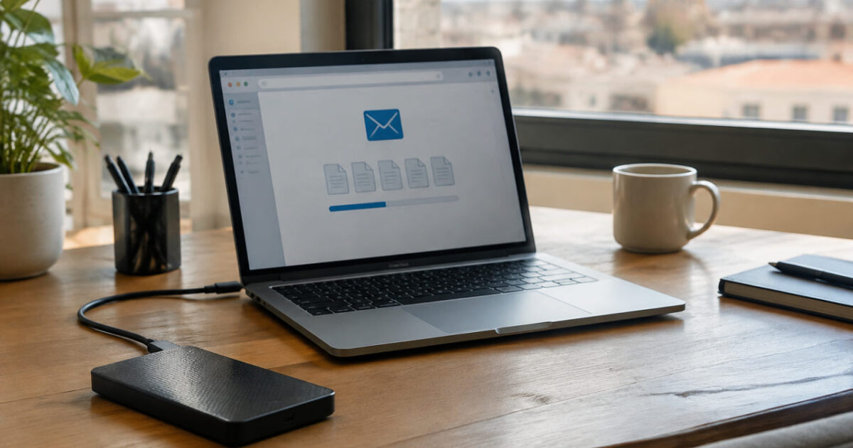Laptop con icona cloud e busta per inviare file pesanti email facilmente