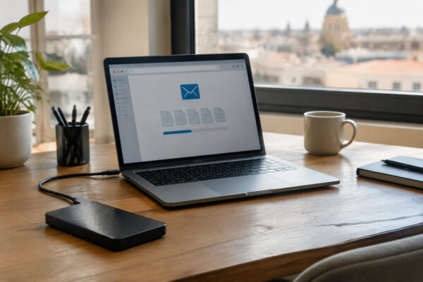 Laptop con icona cloud e busta per inviare file pesanti email facilmente