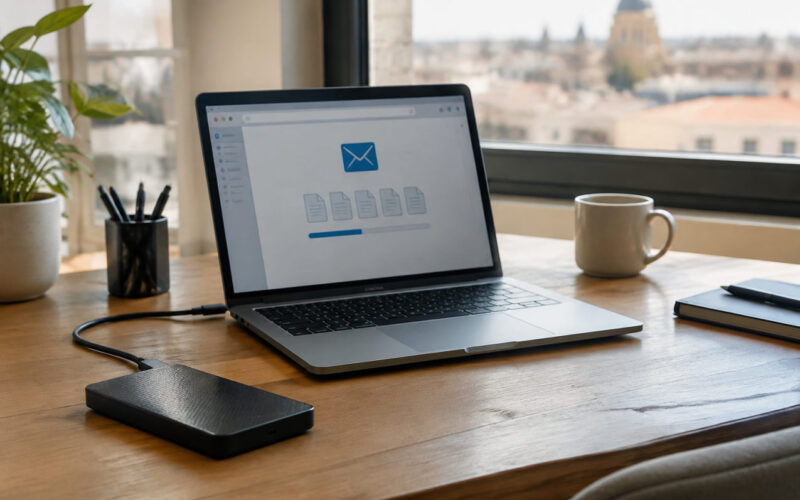 Laptop con icona cloud e busta per inviare file pesanti email facilmente