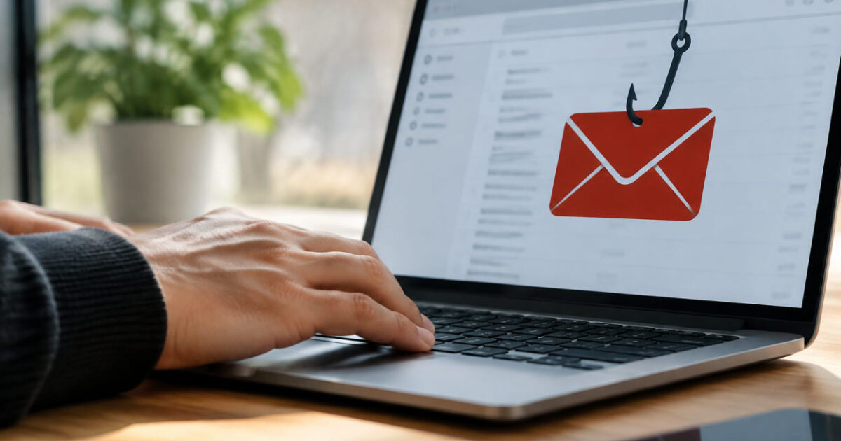 Utente che analizza un messaggio sospetto sul laptop per riconoscere email phishing