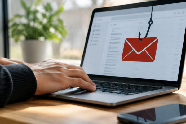 Utente che analizza un messaggio sospetto sul laptop per riconoscere email phishing