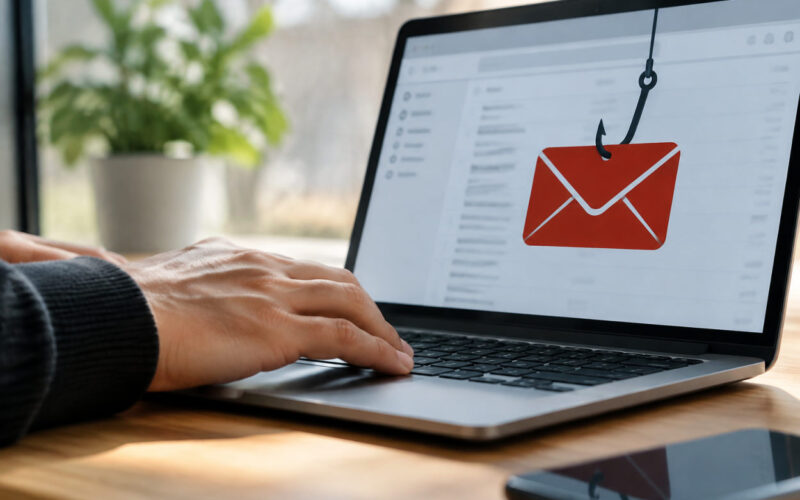 Utente che analizza un messaggio sospetto sul laptop per riconoscere email phishing