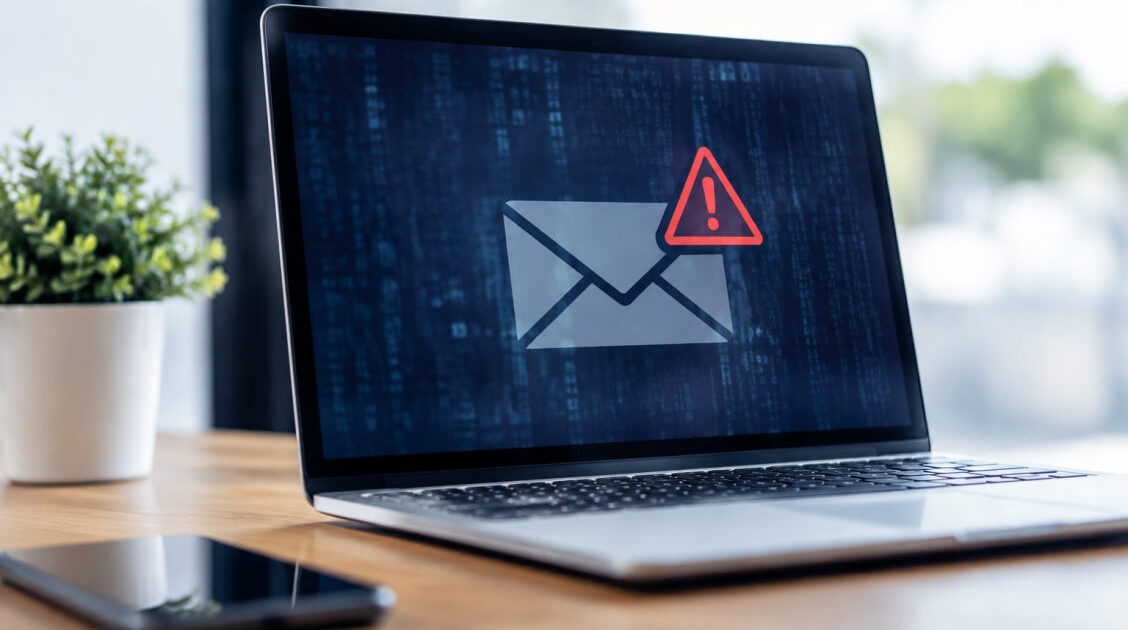 Utente preoccupato davanti al portatile con avviso di sicurezza: account email hackerato cosa fare