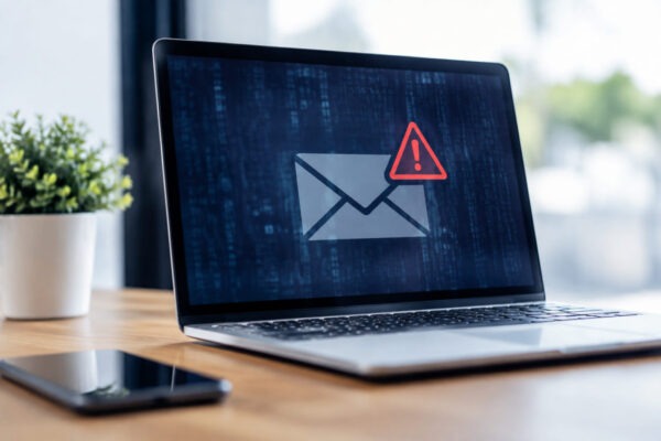 Utente preoccupato davanti al portatile con avviso di sicurezza: account email hackerato cosa fare