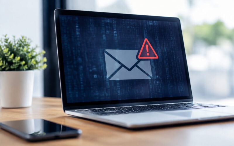 Utente preoccupato davanti al portatile con avviso di sicurezza: account email hackerato cosa fare