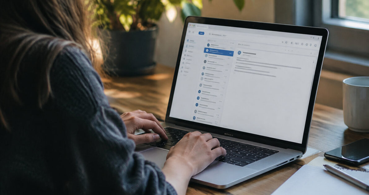 Laptop con casella di posta aperta, illustrazione per una guida email e webmail