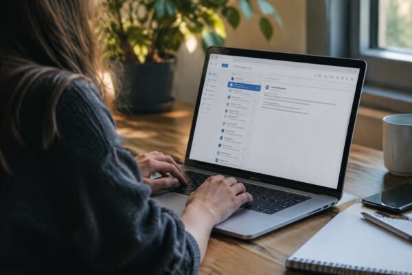 Laptop con casella di posta aperta, illustrazione per una guida email e webmail