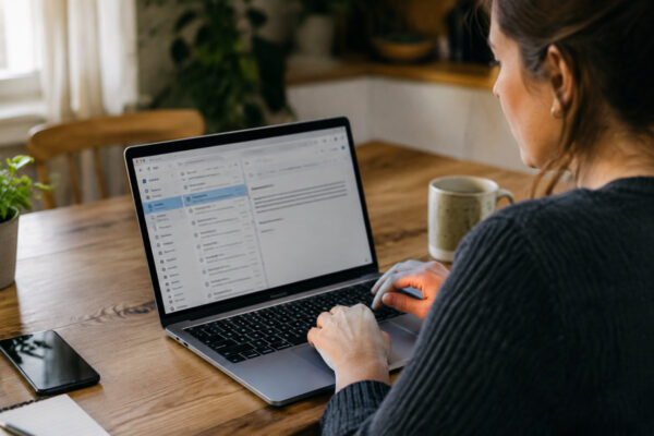 Donna al computer impara come usare la webmail per gestire la posta quotidiana